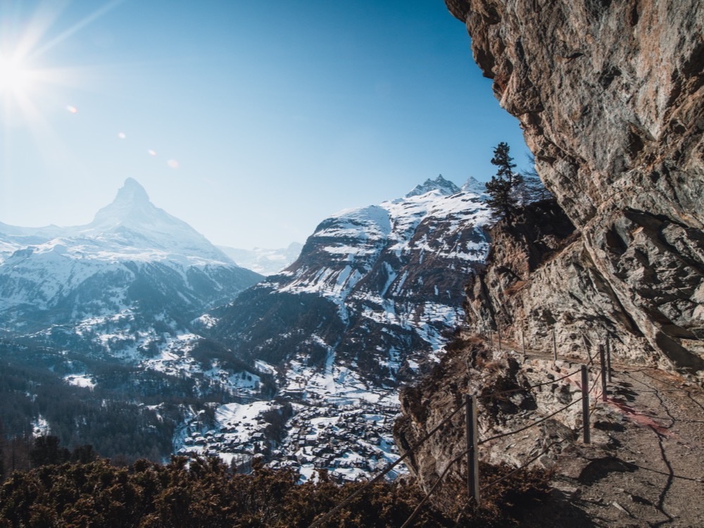 The Matterhorn in winter above the village of Zermatt