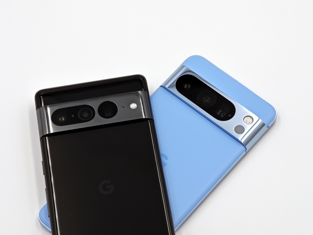 A Google Pixel 8 Pro next to a Pixel 7 Pro