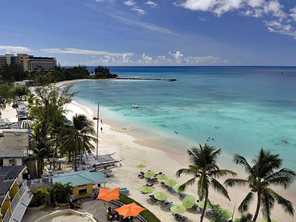 Boats moored in the clear water of Carlisle Bay, Barbados