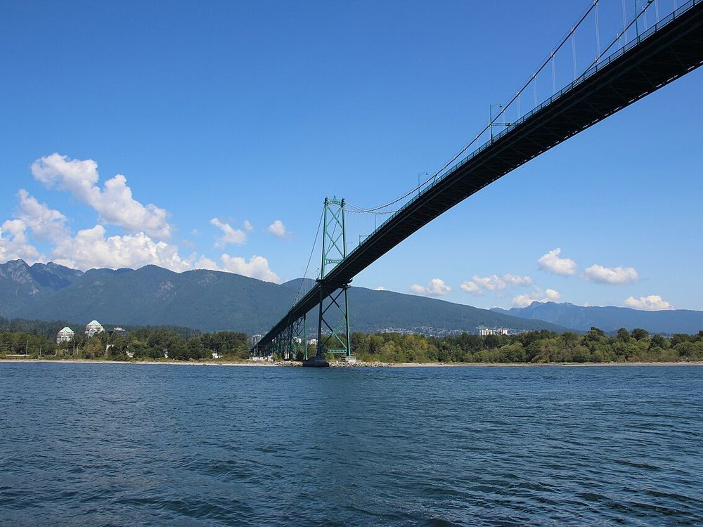 The Lions Gate Bridge seen from the Stanley Park seawall in Vancouver