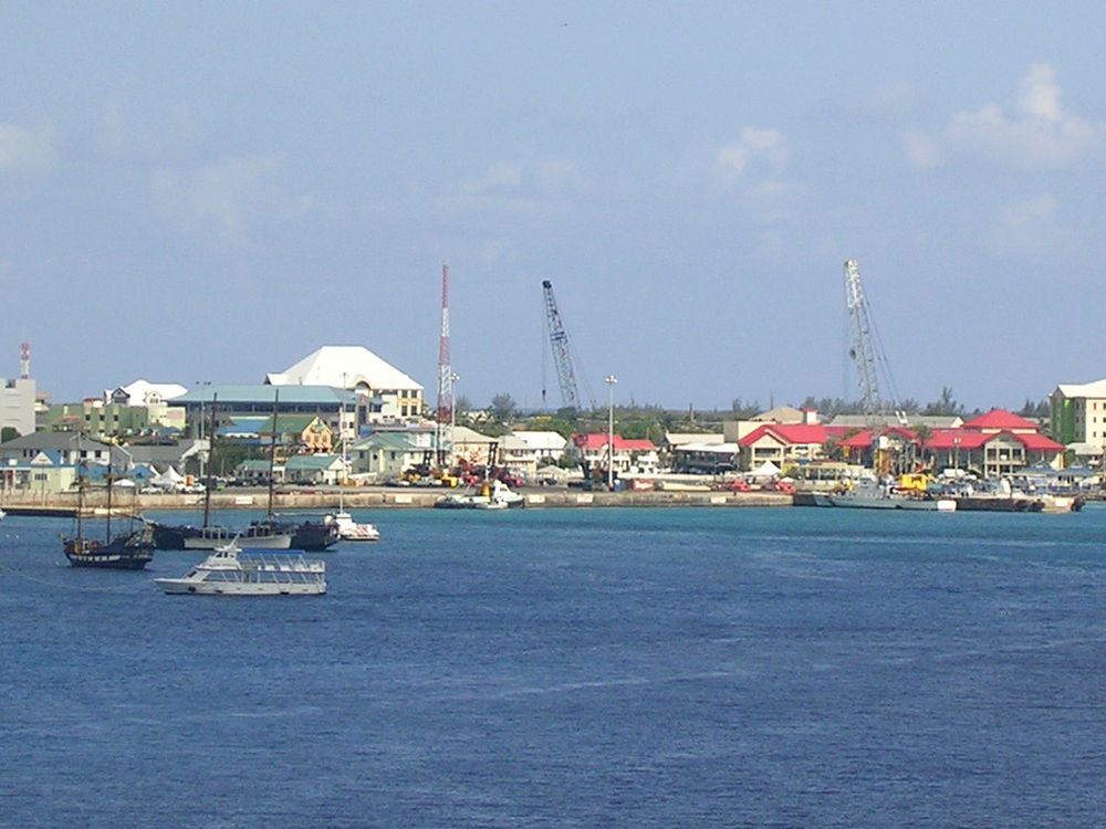The harbour front of George Town, Grand Cayman, seen across the water