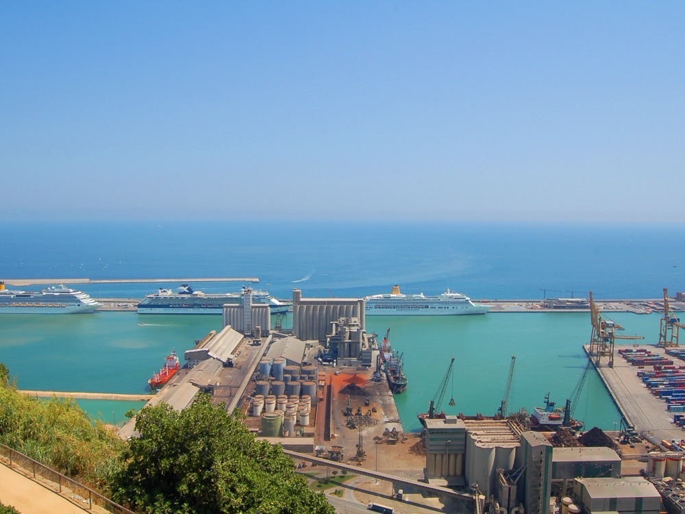 Cruise ships at the terminals of the Port of Barcelona, seen from Montjuïc