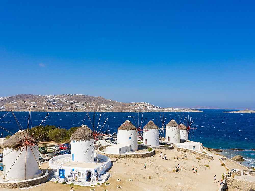 The windmills above Little Venice on Mykonos