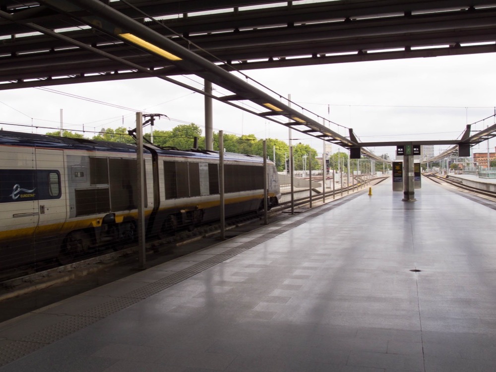 Eurostar trains at the platforms of St Pancras International, London