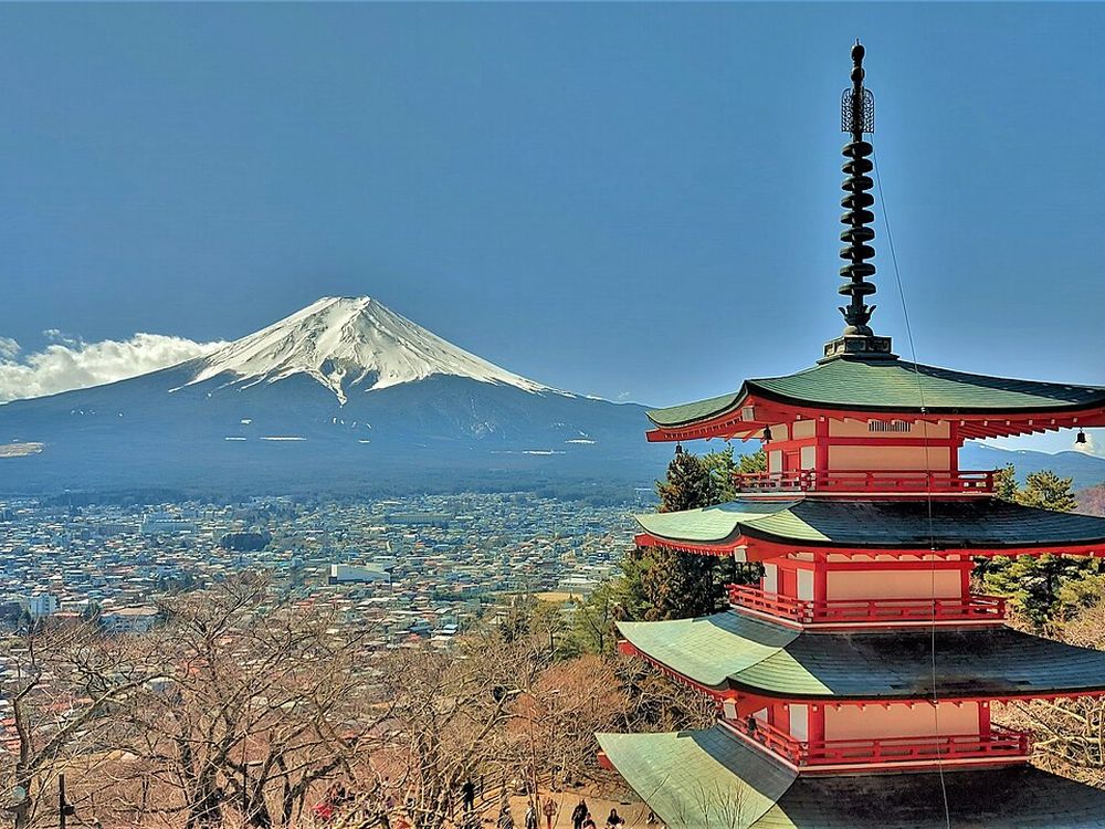 The Chureito Pagoda with Mount Fuji behind it