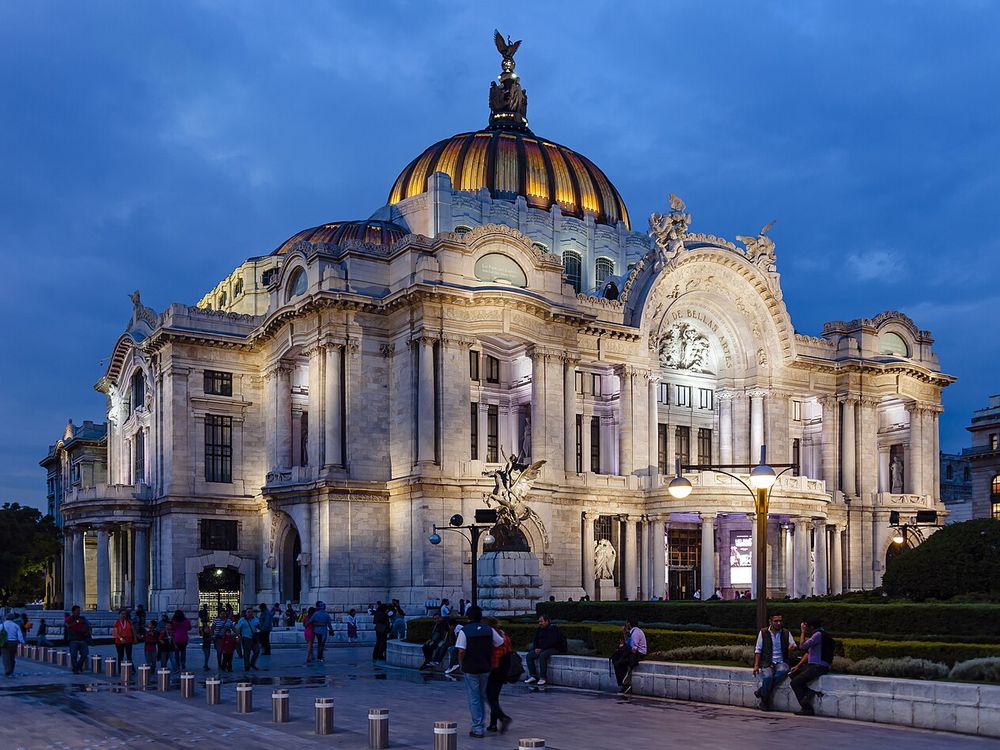 The Palacio de Bellas Artes in Mexico City at dusk