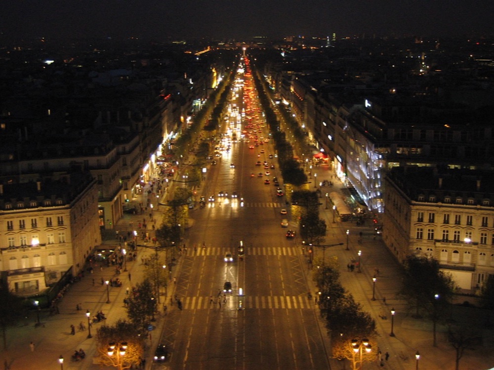 The Champs-Élysées at night seen from the top of the Arc de Triomphe