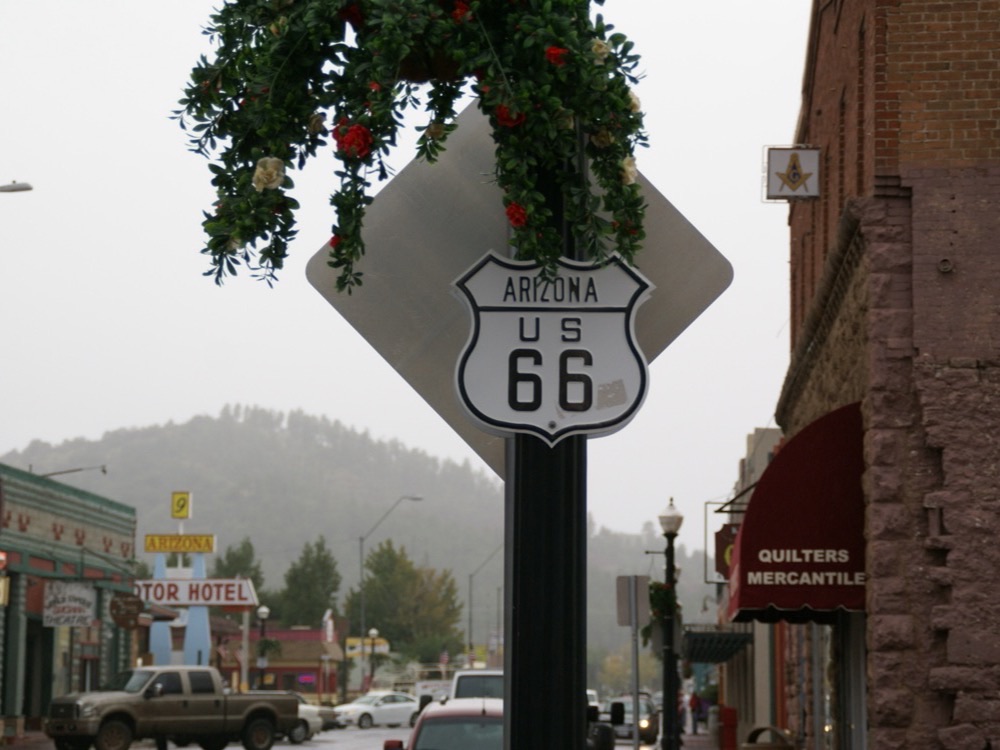 A Route 66 shield sign on the main street of Williams, Arizona