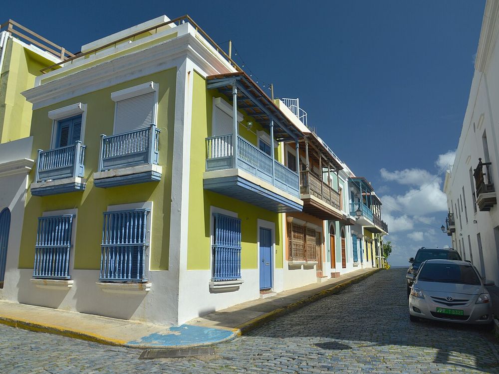 A green and blue house on a corner in Old San Juan, Puerto Rico