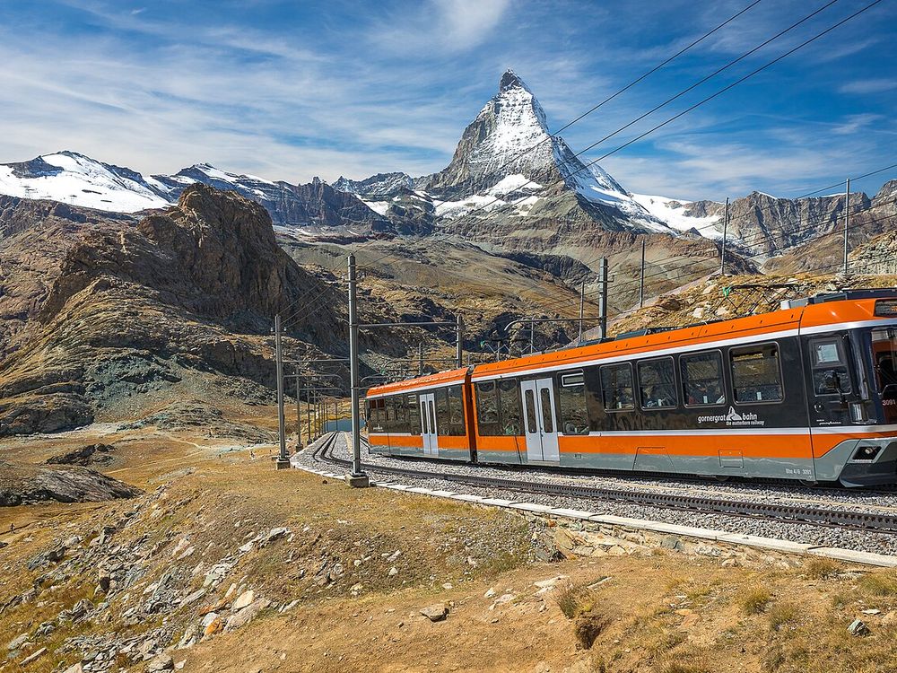 The Gornergrat railway with the Matterhorn behind it